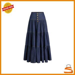 High Waisted Denim Maxi Skirt with Pockets, Tiered Design